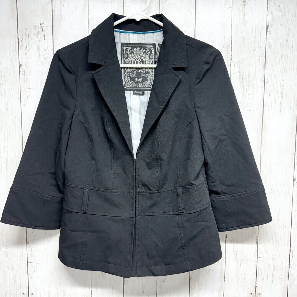 Guess‎ Womens Blazer Size LG Black Stretch Button-Up Notched Collar Long Sleeve